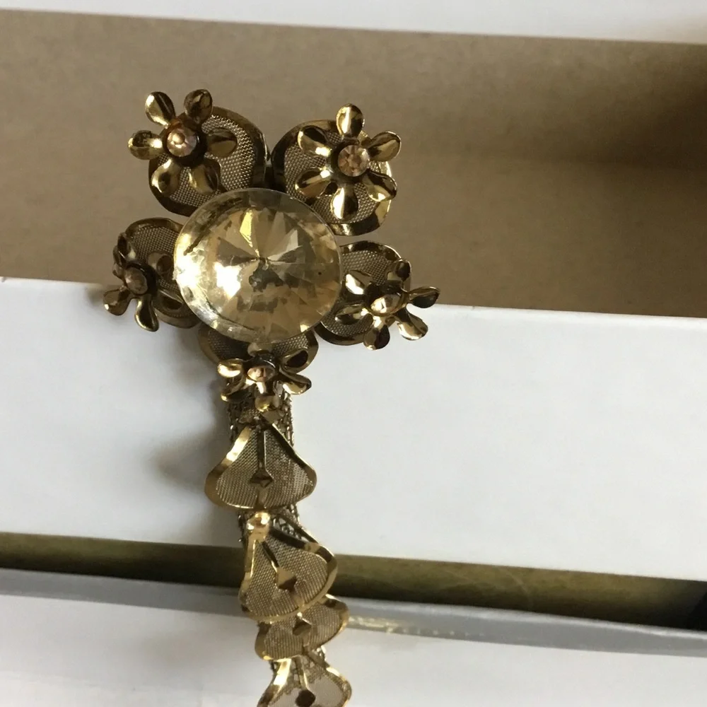 Gold Floral Drop Brooch with Leaf Dangles - Women's Jewelry